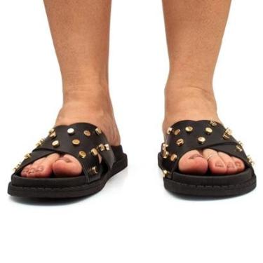 Imagem de Sandália Feminina Flatform Enfeite Metal Brilho Metalizado Chinelo Rasteirinha Confortável Macia-Feminino