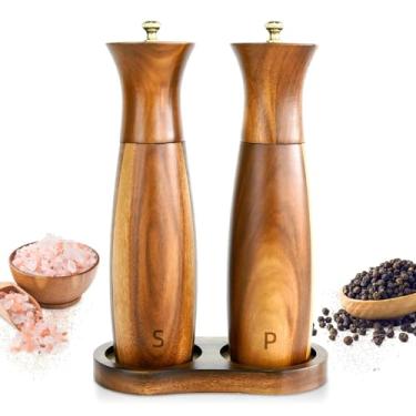 Imagem de Conjunto de moedor de sal e pimenta de madeira de acácia com base – Moinhos recarregáveis de 20 cm com núcleo de cerâmica e aço inoxidável para cozinhar, jantar e festas, presente para entusiastas da