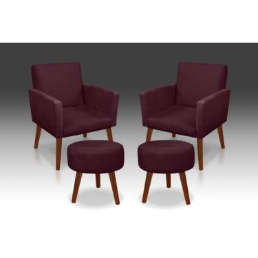 Imagem de Kit 02 Poltrona Nina + 02 Puf Redondo Suede Bordo -Modena Decor  - CAS
