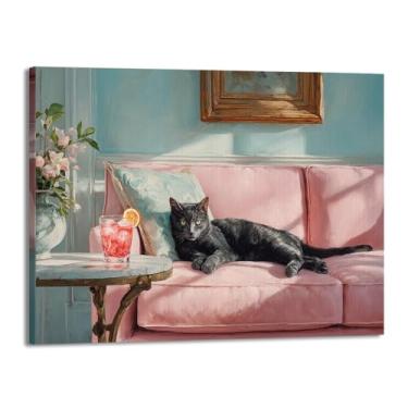 Imagem de Gato preto com Martini impressão artística bonito gato peculiar coquetel bar decoração moderna casa cozinha arte de parede pintura em tela pôster estética (SKU2,16x24") = (40 x 60 cm), emoldurado
