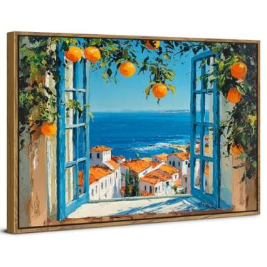 Imagem de Arte de parede em tela emoldurada costeira vista do oceano com imagens de laranjeira para sala de estar mediterrâneo verão varanda janela paisagem arte moderna pintura paisagem marítima decoração de