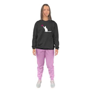 Imagem de Conjunto de Moletom Feminino Blusa Sem Capuz e Calça Jogger Estampado 