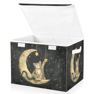 Imagem de Blueangle Cestos de armazenamento Cat on The Moon com tampas, 42 x 32 x 30 cm, grande cesta organizadora dobrável para decoração de casa e escritório (438)