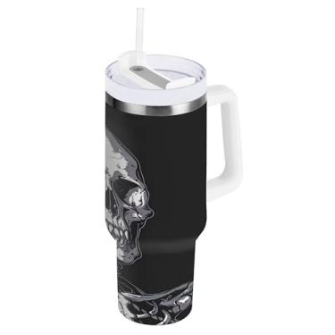 Imagem de SEHANY Copo Skull Gothic de 1,134 g com alça, copo isolado de aço inoxidável de parede dupla, à prova de vazamento, caneca de café isolada para viagem, cabe no suporte de copo de carro