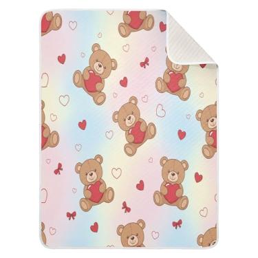 Imagem de Wassud Cobertor de bebê com corações e ursos marrons para meninos e meninas, macio e recém-nascido, cobertor aconchegante de algodão essencial para berçário, viagem, berço, carrinho 76 x 101 cm