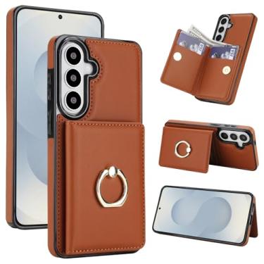 Imagem de Capa carteira para Samsung Galaxy S26 Plus com suporte para cartão, bloqueio RFID, suporte de anel giratório de 360° com fecho magnético à prova de choque (marrom)