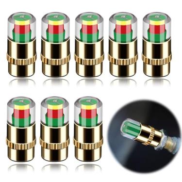 Imagem de KAKUPPA 8 tampas de monitor de pressão de pneu, tampas de haste de válvula de 2,4 bar 36PSI com alerta de 3 cores, indicador universal do sensor de pressão do pneu para carros, SUVs e caminhões (ouro)