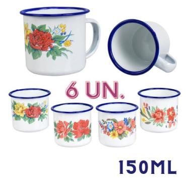 Imagem de Caneca Esmaltada Branca Decorada kit 6 unidades xicara retro 150ml - m