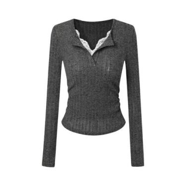 Imagem de Camiseta Feminina Vintage Com Decote Em V E Renda, Manga Longa, Estilo