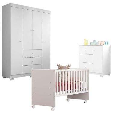 Imagem de Quarto De Bebê Duda 4 Portas Com Berço Nacional Doce Sonho 3540 Branco Brilho - Phoenix Baby