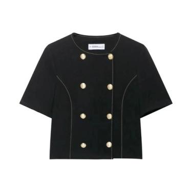 Imagem de Jaqueta Feminina Preta De Manga Curta Com Decote Redondo E Botões Dupl