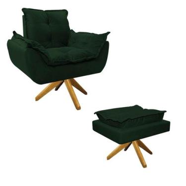 Imagem de Kit Poltrona e Puff Opala Base Giratória de Madeira Suede Verde - Doce