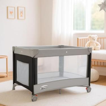 Imagem de Berço Portátil Desmontável Prime Baby Amici com Ajuste de 2 Alturas, Colchonete Dobrável, Bolsa de Transporte e Rodas com Trava de Segurança Até 17kg (Cinza)