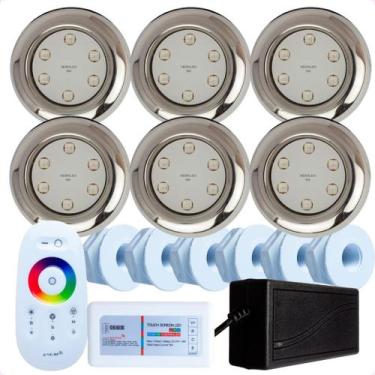 Imagem de Kit 6 Refletores Led 9w RGB Inox S e Comando para Iluminação Piscina F