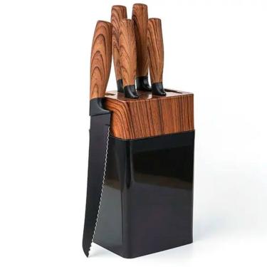 Imagem de Conjunto de Facas com Cepo 6 Peças - Aço Inoxidável, Cabo Madeira Sintética, 36 cm Altura