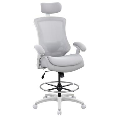 Imagem de BOLISS Cadeira de desenho ergonômica de malha de 181 kg, cadeira de escritório alta, cadeira de mesa de pé, apoio de braço ajustável em altura e braços virados, suporte lombar ajustável (LB-2815DS