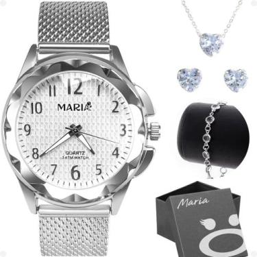 Imagem de relogio feminino prova dagua prata + colar brinco + pulseira presente 