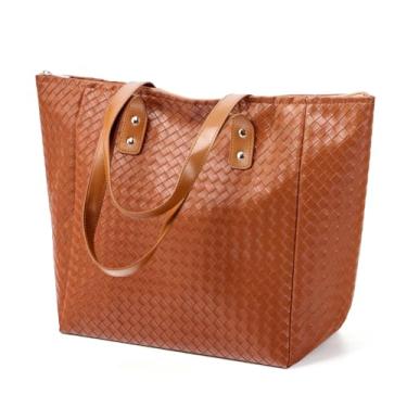 Imagem de DETARA Bolsa feminina de palha de tecido de praia de couro PU para compras de fim de semana bolsa de viagem, V01 Tecido marrom, Large