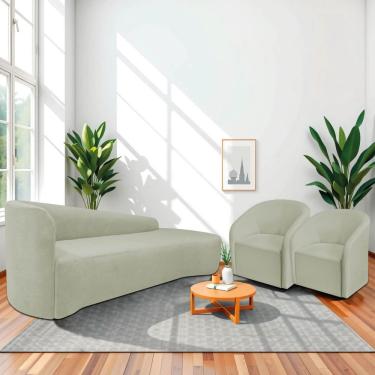 Imagem de Kit Sofá Curvo França 180cm Ld. E 2 Poltronas Luiza Max Conforto, Elegância E Design Moderno Bouclé Verde Oliva