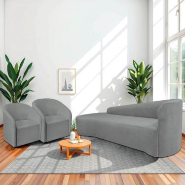 Imagem de Kit Sofá Curvo França 220cm L.e E 2 Poltronas Luiza Max Conforto, Elegância E Design Moderno Bouclé Cinza