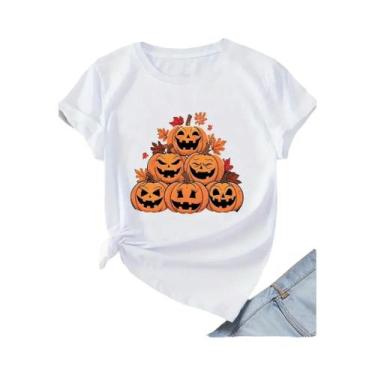 Imagem de Camiseta Feminina Branca Com Estampa De Abóbora De Halloween, Manga Cu