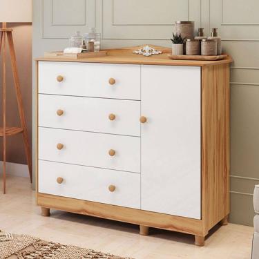 Imagem de Cômoda Infantil Elô 1 Porta 4 Gavetas 100% Mdf Branco Brilho/Amêndoa - Móveis Peroba