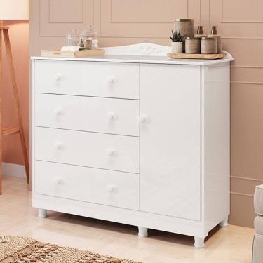 Imagem de Cômoda Infantil Elô 1 Porta 4 Gavetas 100% Mdf Branco Brilho - Móveis Peroba