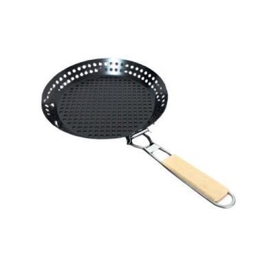 Imagem de Grelha Redonda Perfurada 30cm Grill com Cabo Madeira Ideal Para Assar 