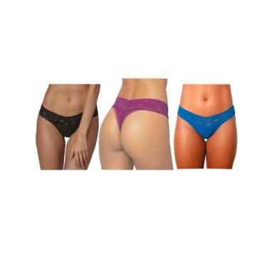 Imagem de Kit C/ 3 Calcinha Fio Dental DeMillus Rendada 016198., Preto, Amora, A