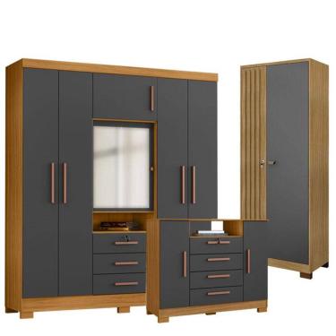 Imagem de Guarda Roupa Casal Imperial com Cômoda Madri e Armário Multiuso Versatile Carvalho Amer...