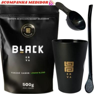 Imagem de Kit Tereré Black Erva Mate 500g Copo Acrílico Caldereta Preto Bomba Cl