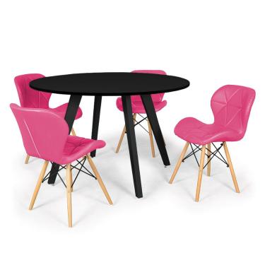 Imagem de Conjunto Mesa de Jantar Redonda Amanda Preta 120cm com 4 Cadeiras Eiffel Slim - Rosa