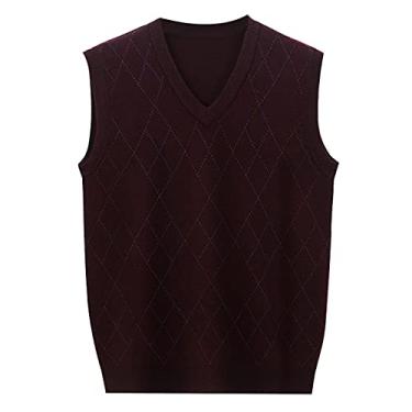 Imagem de Suéter pulôver xadrez masculino sem mangas com gola em V pulôver pulôver colete casual ajuste regular, Vinho tinto, XG