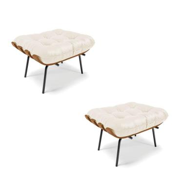 Imagem de Kit 02 Puffs Costela Corino Bege Base Metálica Preto - D`Rossi