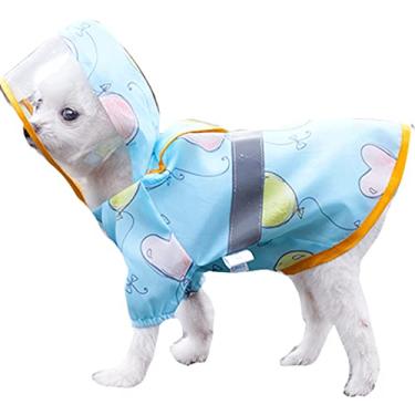 Imagem de Capa de chuva para cães poncho transparente com capuz poncho respirável impermeável refletivo com alça reflexiva de barriga capa de chuva para cães pequenos, azul, GG (5,5