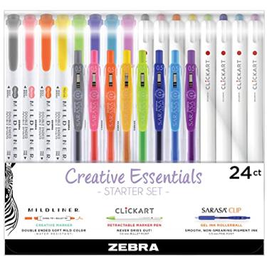 Imagem de Zebra Pen Conjunto de 24 peças Creative Essentials para iniciantes, inclui 8 marcadores Mildliner, 8 marcadores ClickArt e 8 canetas de gel retráteis Sarasa Clip, cores sortidas (76024)
