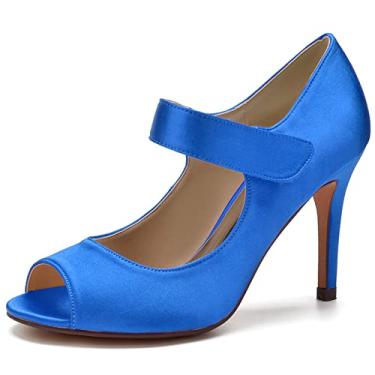 Imagem de Sapatos de noiva de cetim feminino, sapatos peep toe de salto agulha alto marfim 35-43,Blue,6 UK/39 EU