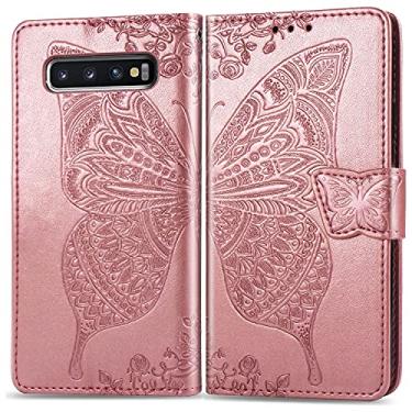 Imagem de CHAJIJIAO Capa flip capa carteira para Samsung Galaxy S10 Plus, capa de telefone carteira flip bumper à prova de choque / alça de pulso/coldre floral padrão borboleta capa carteira capa traseira do telefone (cor: rosa) rosa)