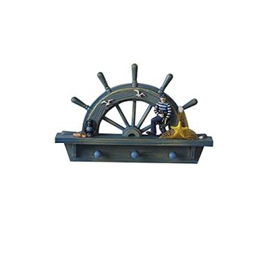 Imagem de KIZQYN Ganchos de casaco ganchos de casaco montados na parede estilo mediterrâneo gancho de madeira leme náutico acessórios de decoração de casa mobiliário barra de fundo pendurar ornamento cabide de parede (cor: latão)