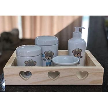 Imagem de Kit higiene bebê Príncipe Ursinho Realeza 5 peças - Bandeja, potes, porta álcool e molhadeira - Peças Porcelana Bandeja