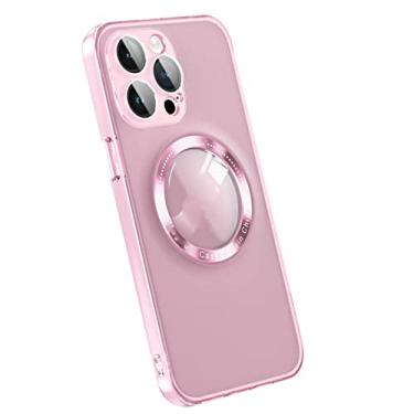 Imagem de DENSUL Capa fina para iPhone 14/14 Pro/14 Plus/14 Pro Max, capa de filme de lente de vidro, suporte traseiro cristalino, carregamento magnético, capa à prova de choque durável de policarbonato e TPU, rosa, 14 Plus 6,7 polegadas