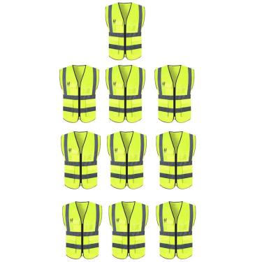 Imagem de Colete Faixa Sinalizador Refletivo Kit 10 Unidades Segurança Trabalho  EPI Transito Obra Fluorescente Bolso Ziper Proteçao