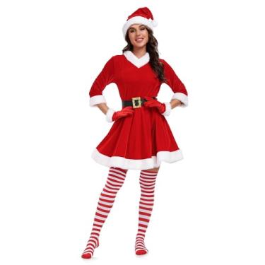 Imagem de ABALAGU Mrs Claus Costume for Women 5PCS Adult Miss Santa Clause Dress Plus Size Outfit Suit with Belt High Socks Hat Gloves (XXX-Large)