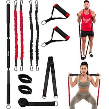 Imagem de Barra de treino completa para exercícios, agachamento, bíceps, tríceps, ombros, costas – Kit de faixas de resistência de barra de ginástica ajustável em casa – Barra de resistência de academia de aço