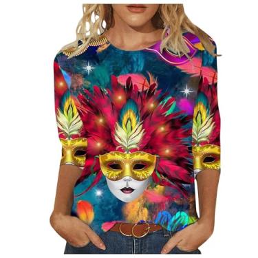 Imagem de Camisetas longas coloridas de ajuste relaxado para mulheres verão outono manga 3/4 comprimento gola canoa tops formais camisa feminina 2024, B-463 multicolorido, G
