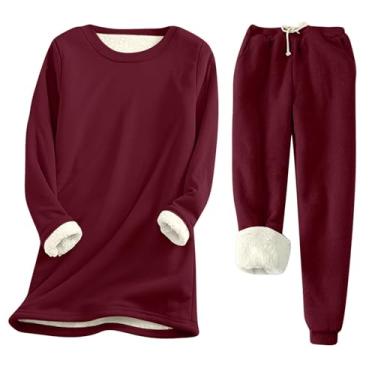 Imagem de Roupas femininas quentes, camisetas, calças, pijamas, conjuntos de pijama para mulheres, forrado com lã, combinando com lã, outono inverno 2024, A-561 Vermelho, XG