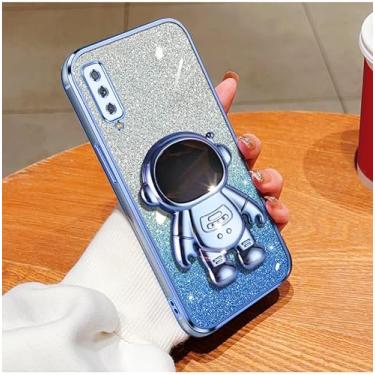 Imagem de Capa para Galaxy A7 2018 capinha macia de material transparente com revestimento brilhante de luxo, suporte dobrável de astronauta adequado para capa de telefone para meninas - Azul
