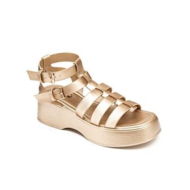 Imagem de Trary Sandálias femininas de anabela, sandálias de plataforma casual de bico aberto, sandálias gladiadoras com fivela ajustável, sandálias femininas, Dourado, 5