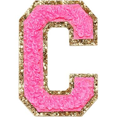 Imagem de 3 Pçs Chenille Letter Patches Ferro em Patches Glitter Varsity Letter Patches Bordado Borda Dourada Costurar em Patches para Vestuário Chapéu Camisa Bolsa (Rosa, C)