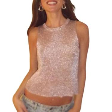 Imagem de Top cropped feminino de malha para mulheres sexy transparente regata brilhante brilhante camisetas/1071 (Color : Pink, Size : XLarge)